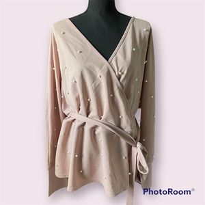 Long Sleeve Pearl Wrap Blouse